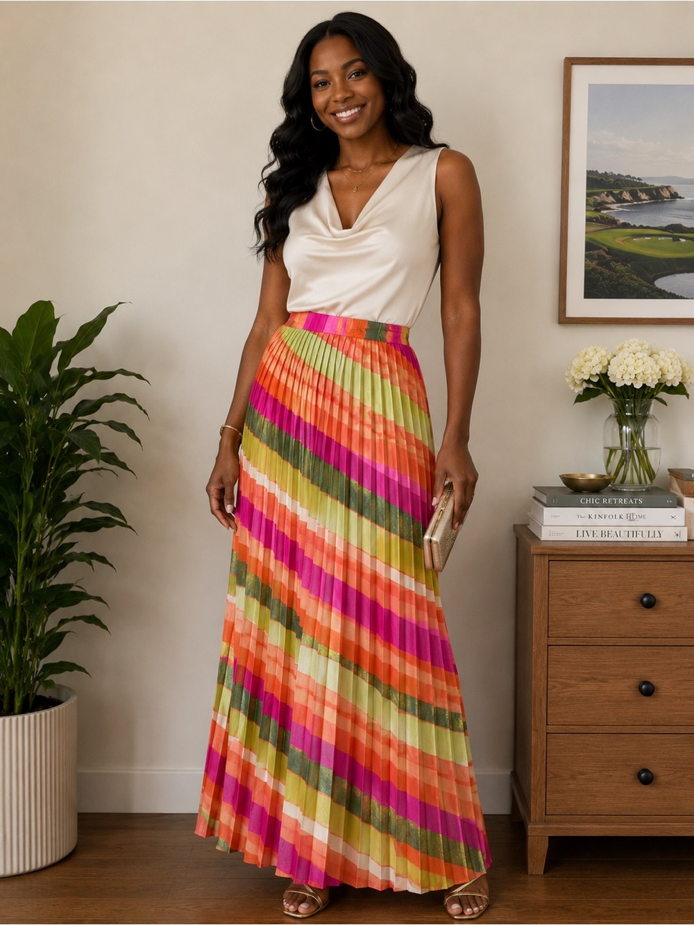 True Destiny Pleated Midi Skirt in Pink, Coral, Lime & Green
